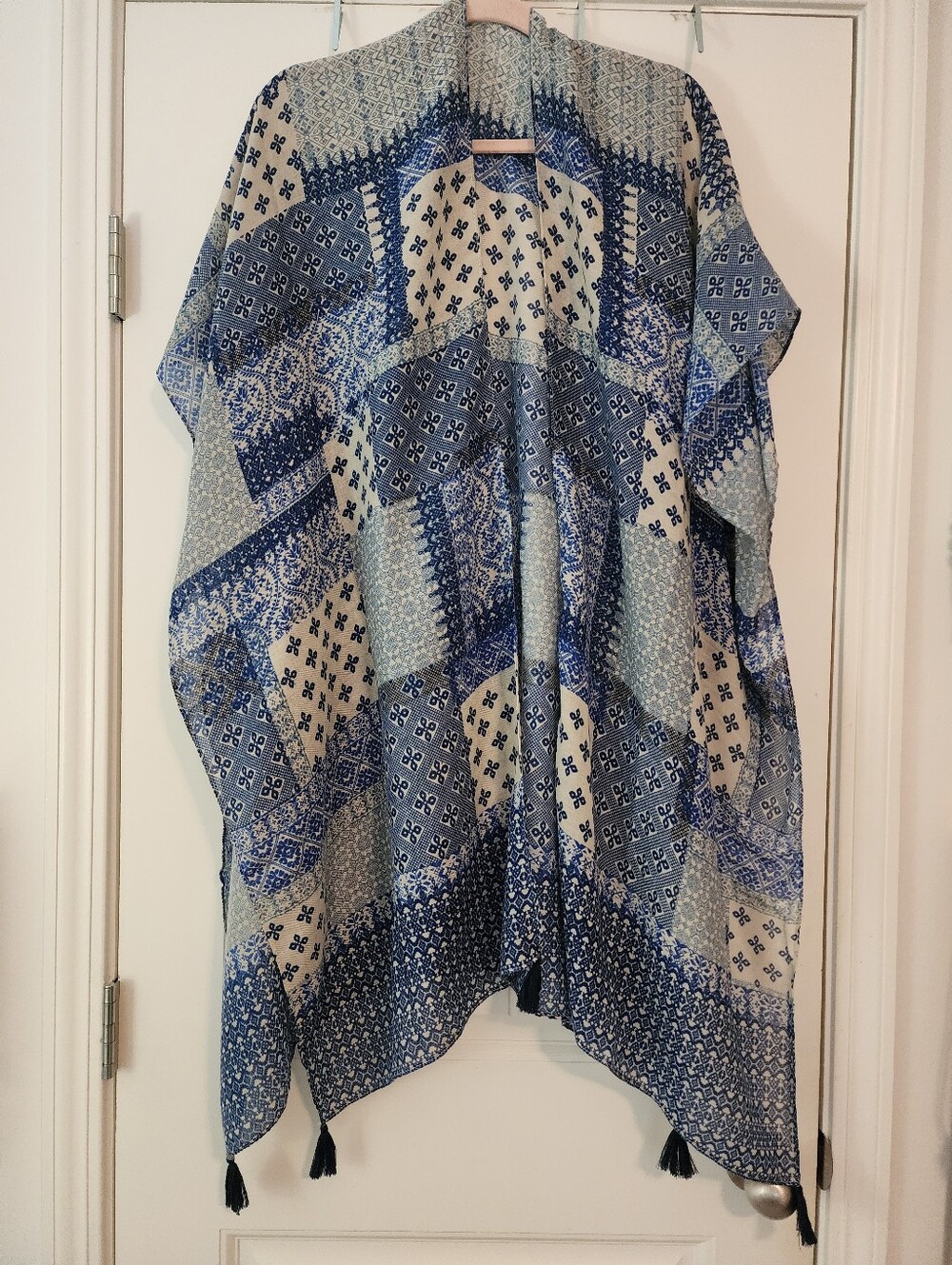 Blue Patchwork Print Kimono Free Size Fits Up To 3X Sheer Lightweight Boho